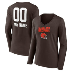 Women's Personalized Name & Number Team Wordmark Long Sleeve V-Neck T-Shirt - Cleveland Browns