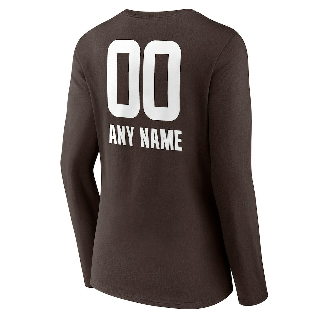 Women's Personalized Name & Number Team Wordmark Long Sleeve V-Neck T-Shirt - Cleveland Browns