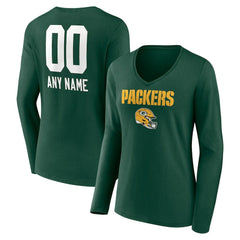 Women's Personalized Name & Number Team Wordmark Long Sleeve V-Neck T-Shirt - Green Bay Packers