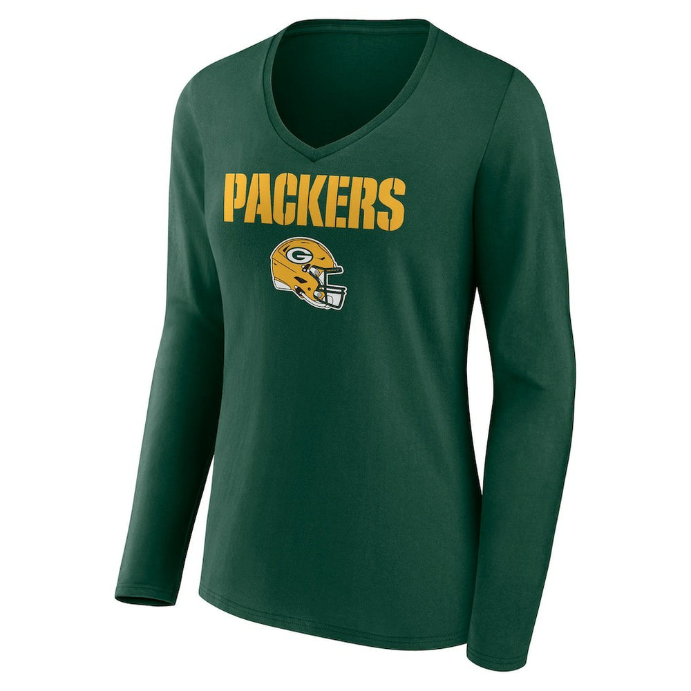 Women's Personalized Name & Number Team Wordmark Long Sleeve V-Neck T-Shirt - Green Bay Packers