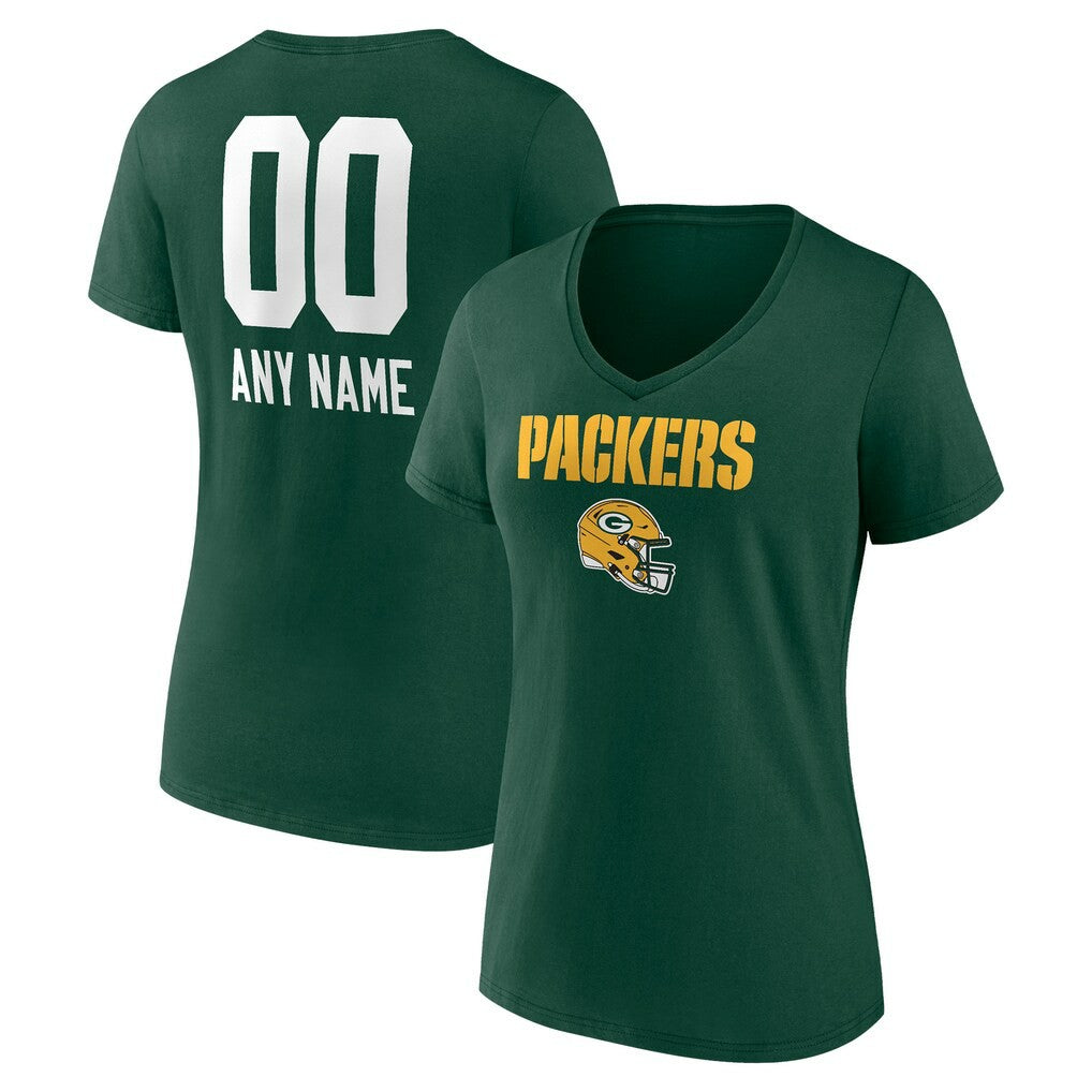 Women's Personalized Name & Number Team Wordmark V-Neck T-Shirt - Green Bay Packers