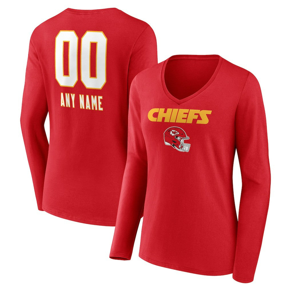 Women's Personalized Name & Number Team Wordmark Long Sleeve V-Neck T-Shirt - Kansas City Chiefs