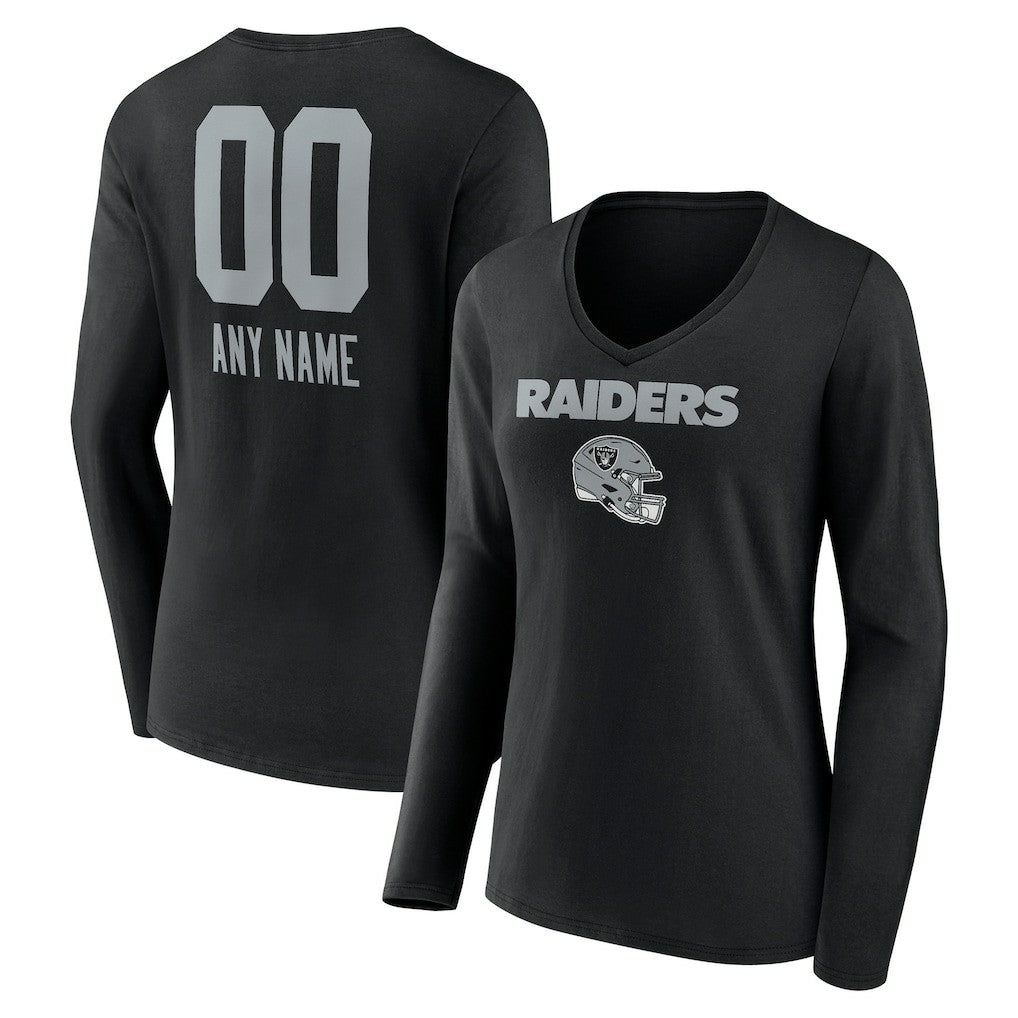 Women's Personalized Name & Number Team Wordmark Long Sleeve V-Neck T-Shirt - Las Vegas Raiders