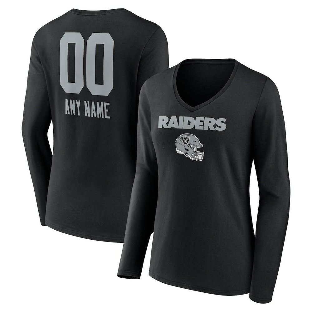 Women's Personalized Name & Number Team Wordmark Long Sleeve V-Neck T-Shirt - Las Vegas Raiders