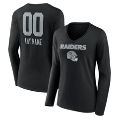 Women's Personalized Name & Number Team Wordmark Long Sleeve V-Neck T-Shirt - Las Vegas Raiders