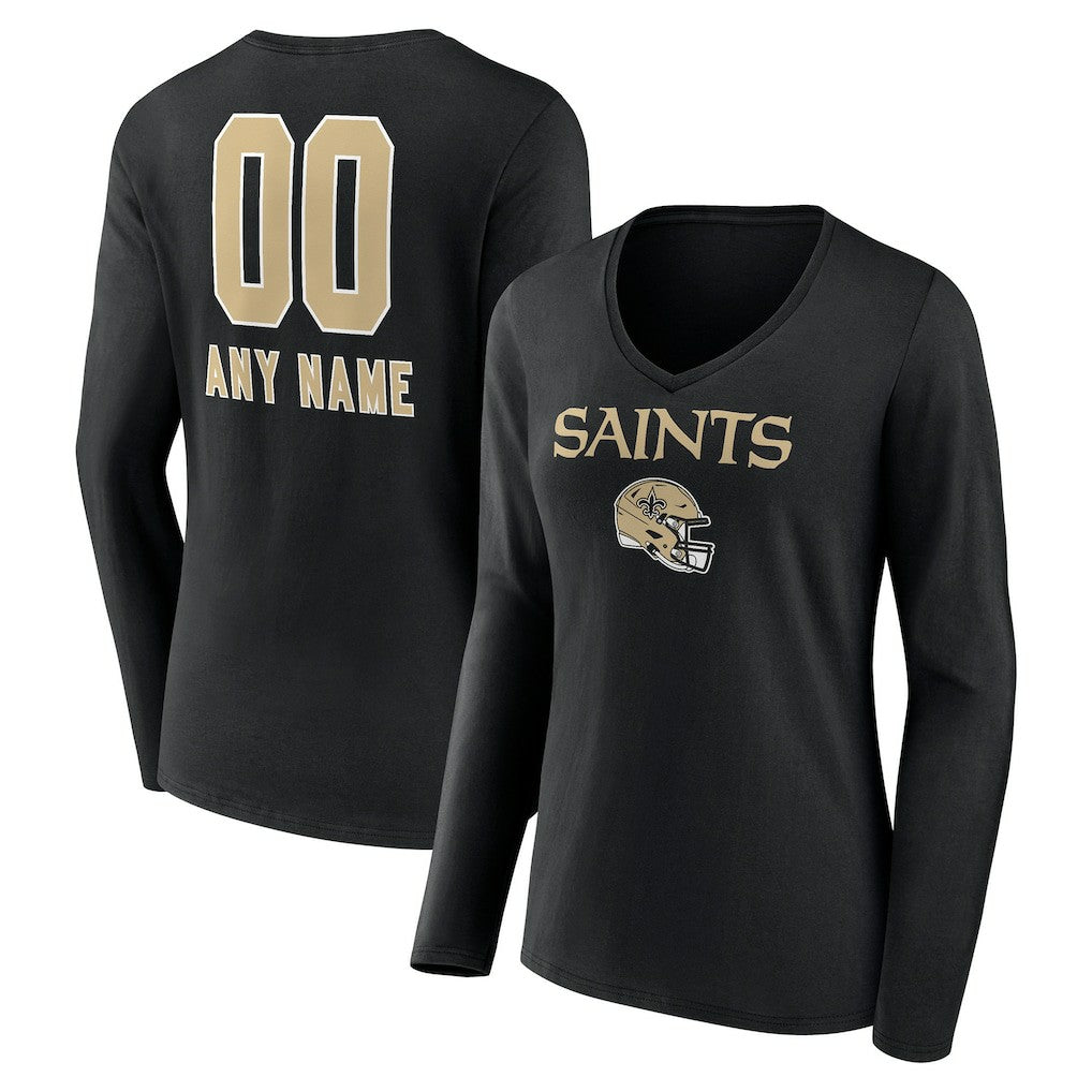 Women's Personalized Name & Number Team Wordmark Long Sleeve V-Neck T-Shirt - New Orleans Saints