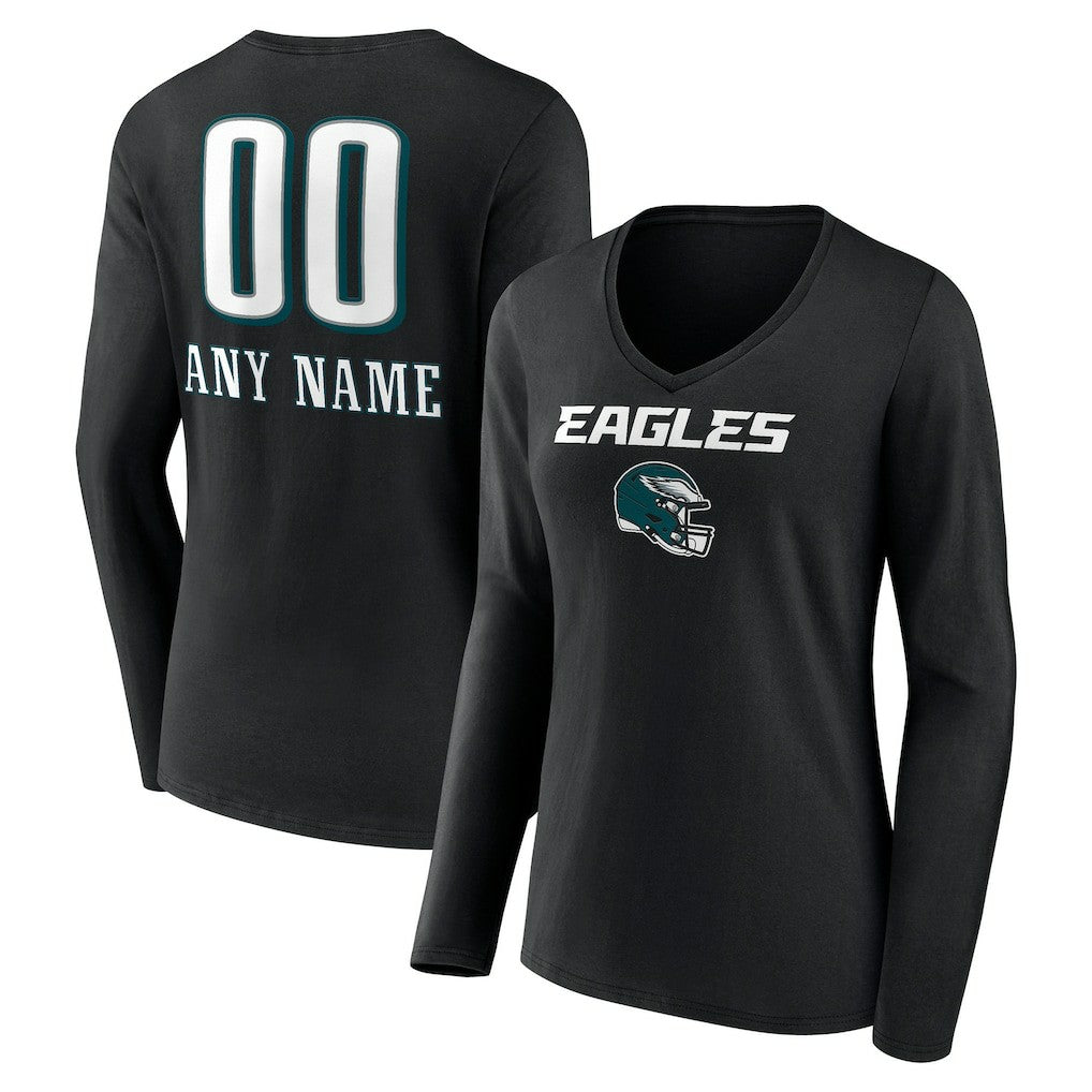 Women's Personalized Name & Number Team Wordmark Long Sleeve V-Neck T-Shirt - Philadelphia Eagles