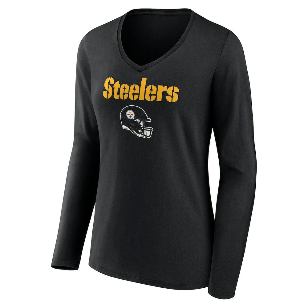 Women's Personalized Name & Number Team Wordmark Long Sleeve V-Neck T-Shirt - Pittsburgh Steelers