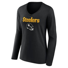 Women's Personalized Name & Number Team Wordmark Long Sleeve V-Neck T-Shirt - Pittsburgh Steelers