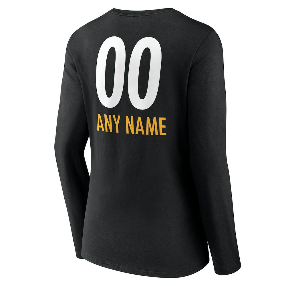 Women's Personalized Name & Number Team Wordmark Long Sleeve V-Neck T-Shirt - Pittsburgh Steelers