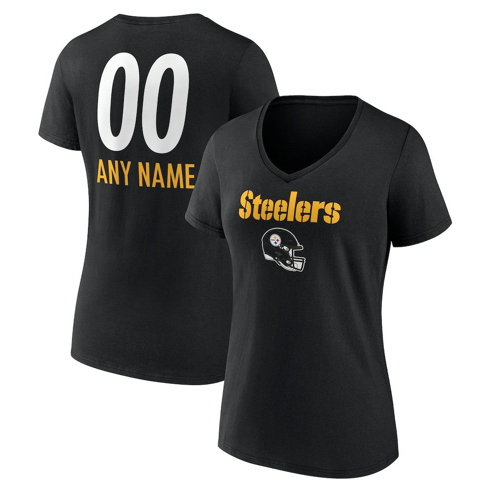 Women's Personalized Name & Number Team Wordmark V-Neck T-Shirt - Pittsburgh Steelers