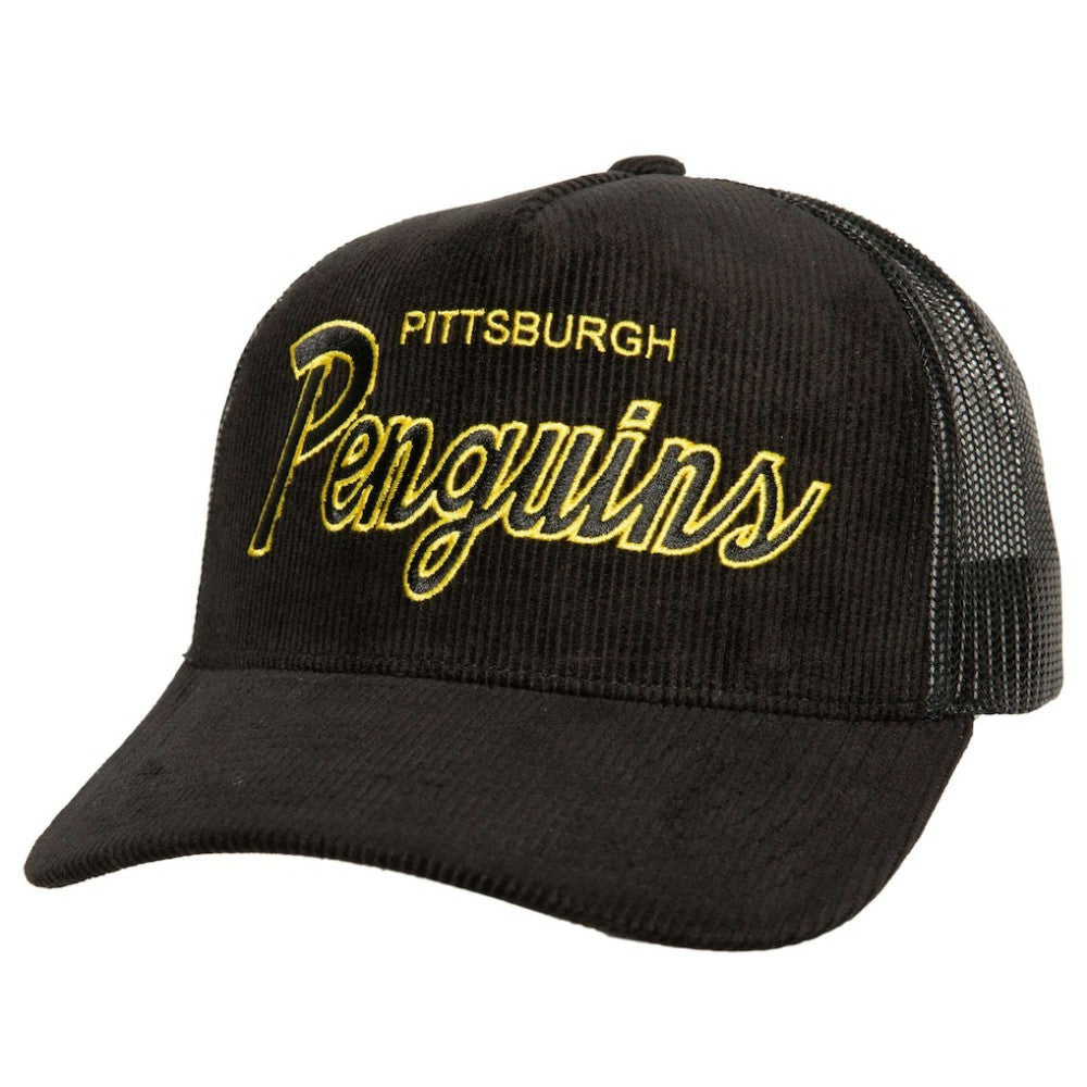NHL Black Pittsburgh Penguins Mitchell & Ness Times Up Classic Script Cord Trucker Adjustable Hat
