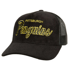 NHL Black Pittsburgh Penguins Mitchell & Ness Times Up Classic Script Cord Trucker Adjustable Hat