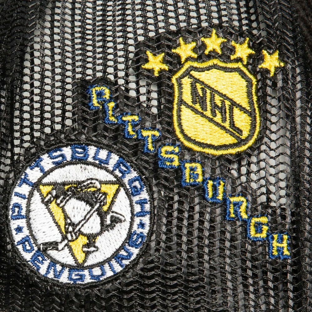 NHL Black Pittsburgh Penguins Mitchell & Ness Times Up Classic Script Cord Trucker Adjustable Hat