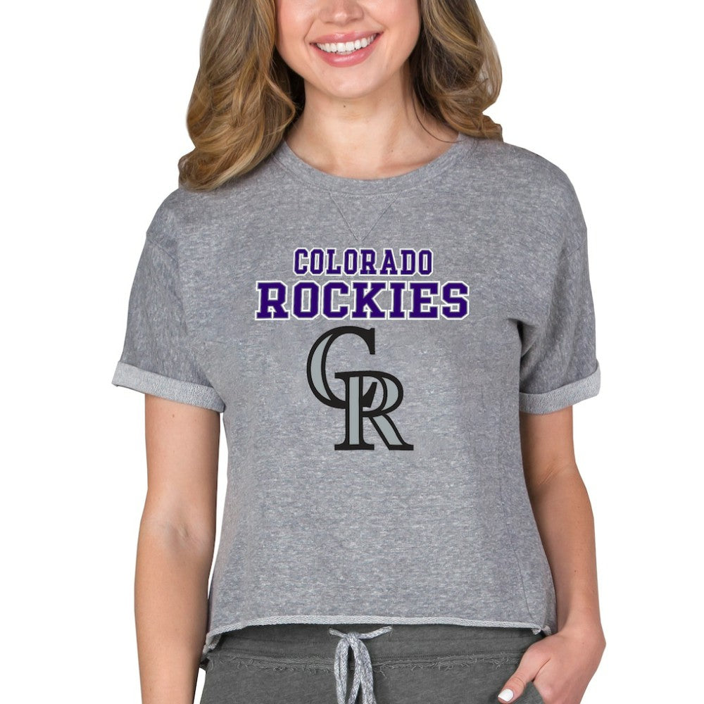 MLB Colorado Rockies Concepts Sport Women's Tri-Blend Mainstream Terry Short Sleeve Sweatshirt Top