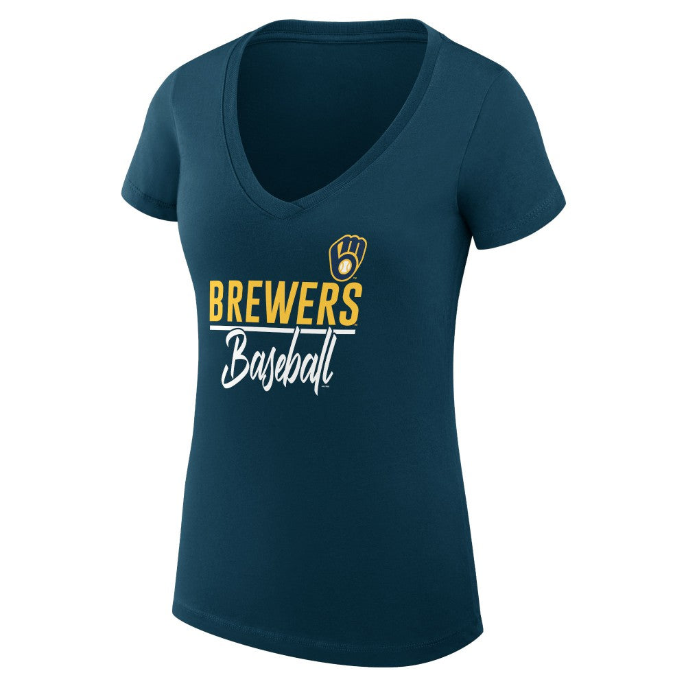 MLB Milwaukee Brewers G-III 4Her by Carl Banks Women's Super-Slim Fit Lightweight Team Graphic V-Neck T-Shirt