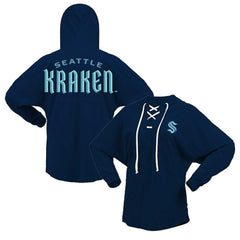 NHL Deep Sea Blue Seattle Kraken Fanatics Women's Jersey Lace-Up V-Neck Long Sleeve Hoodie T-Shirt