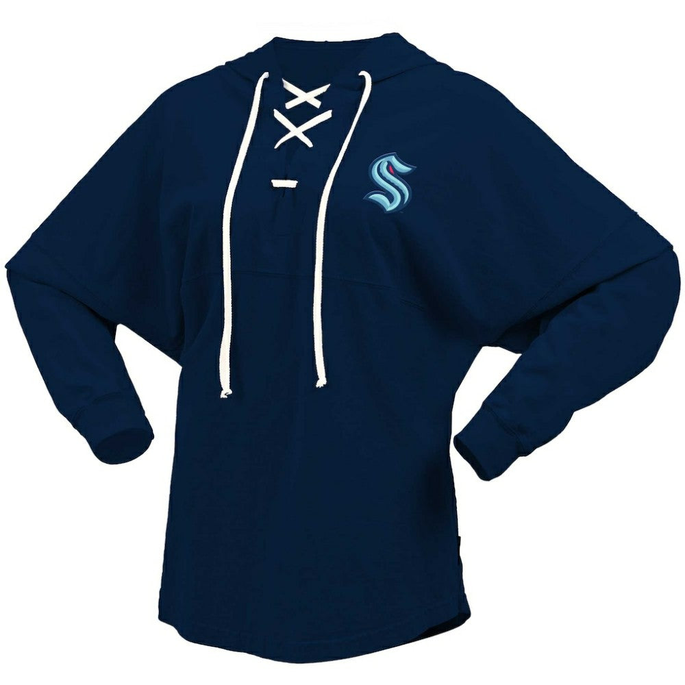 NHL Deep Sea Blue Seattle Kraken Fanatics Women's Jersey Lace-Up V-Neck Long Sleeve Hoodie T-Shirt