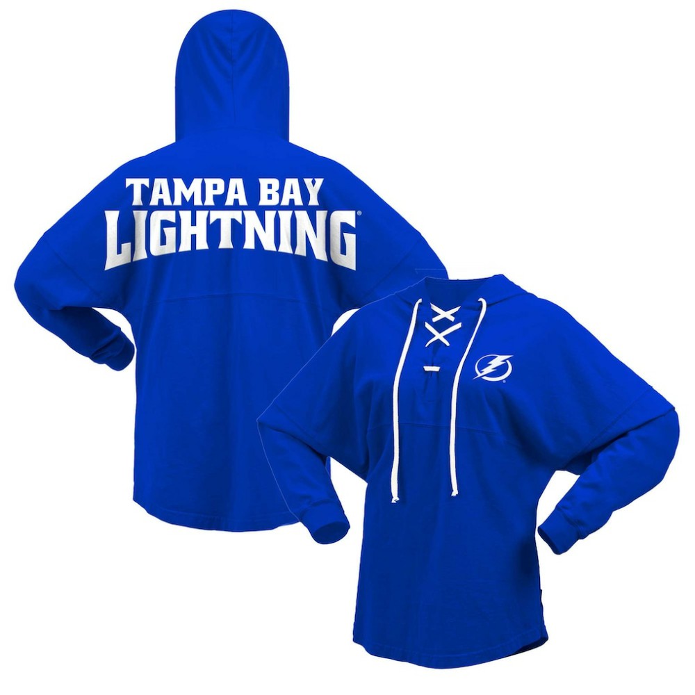 NHL Blue Tampa Bay Lightning Fanatics Women's Jersey Lace-Up V-Neck Long Sleeve Hoodie T-Shirt