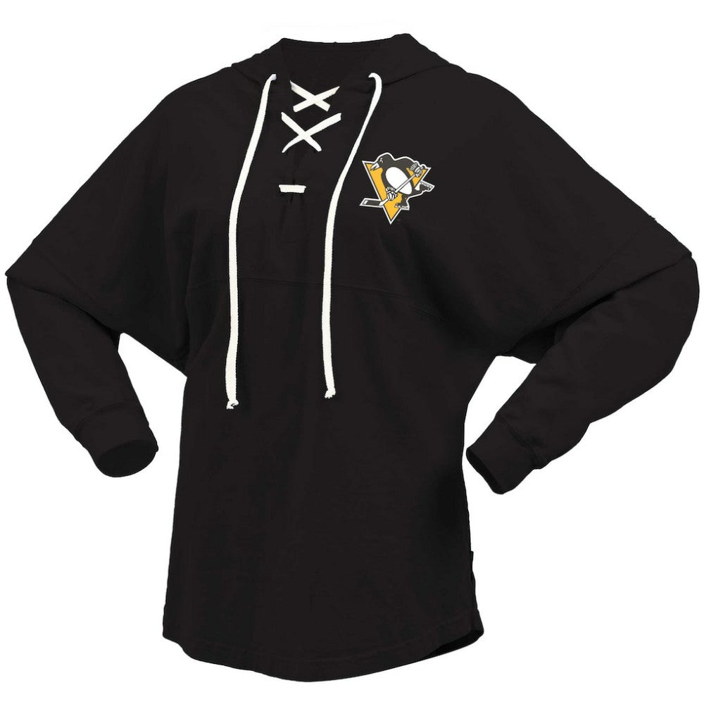 NHL Black Pittsburgh Penguins Fanatics Women's Jersey Lace-Up V-Neck Long Sleeve Hoodie T-Shirt