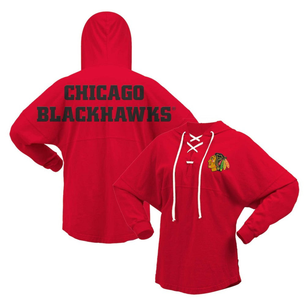 NHL Red Chicago Blackhawks Fanatics Women's Jersey Lace-Up V-Neck Long Sleeve Hoodie T-Shirt