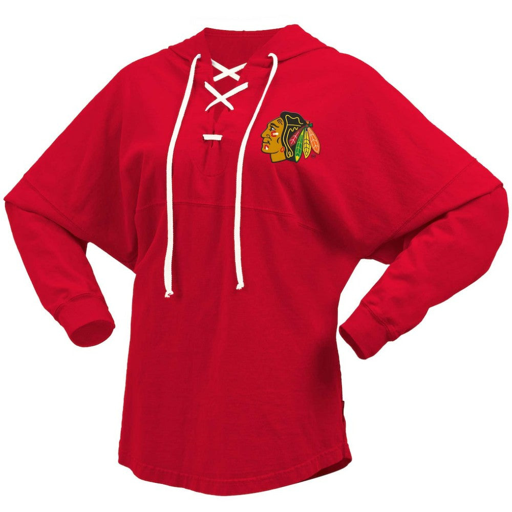 NHL Red Chicago Blackhawks Fanatics Women's Jersey Lace-Up V-Neck Long Sleeve Hoodie T-Shirt