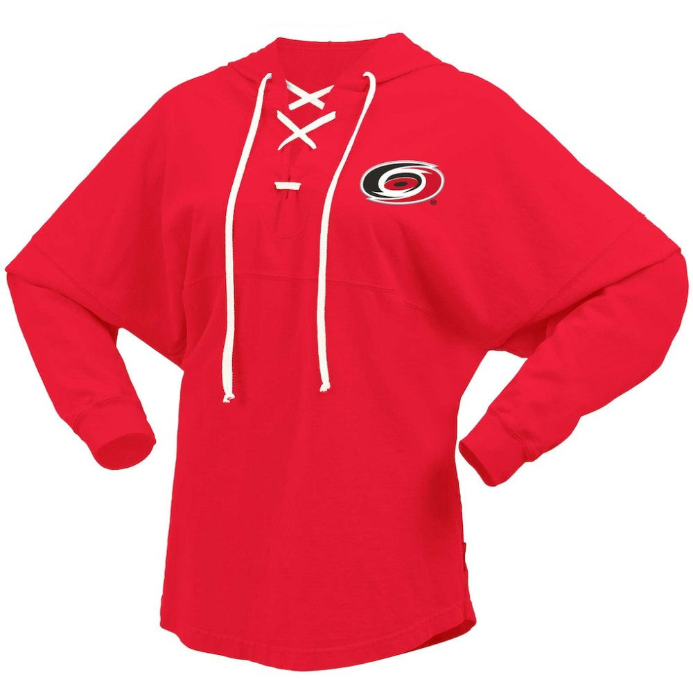 NHL Red Carolina Hurricanes Fanatics Women's Jersey Lace-Up V-Neck Long Sleeve Hoodie T-Shirt