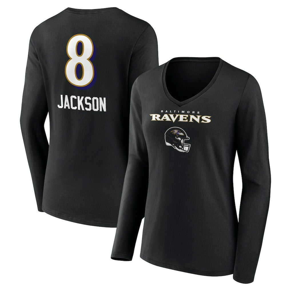 Lamar Jackson  Women's Team Wordmark Long Sleeve V-Neck T-Shirt - Baltimore Ravens