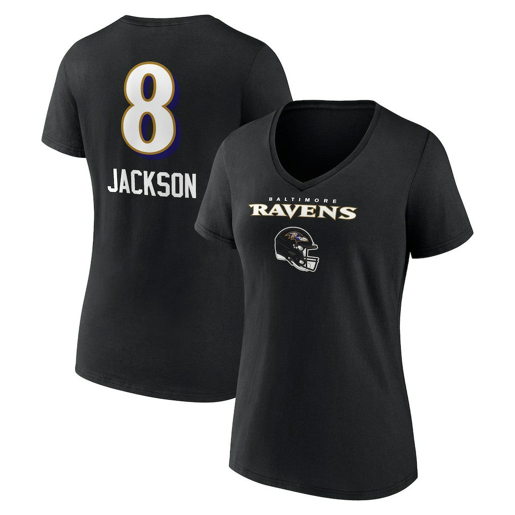 Lamar Jackson  Women's Team Wordmark Name & Number V-Neck T-Shirt - Baltimore Ravens