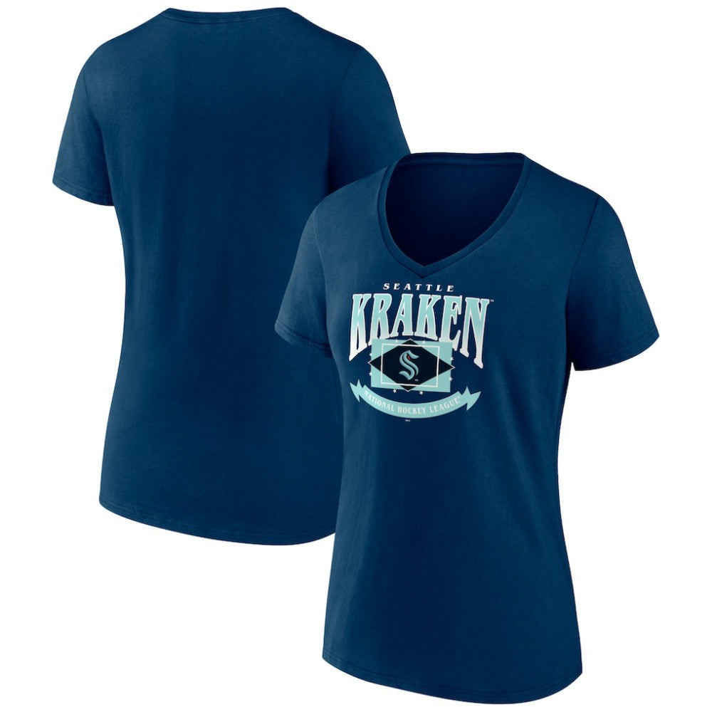 NHL Deep Sea Blue Seattle Kraken Women's Slapshot V-Neck T-Shirt