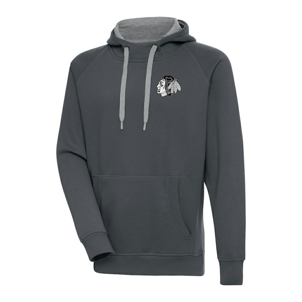 NHL Charcoal Chicago Blackhawks Antigua Metallic Logo Victory Pullover Hoodie