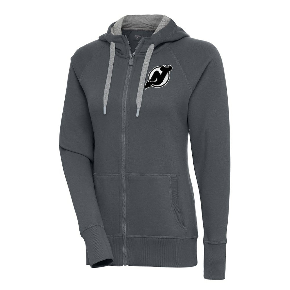 NHL Charcoal New Jersey Devils Antigua Women's Metallic Logo Victory Full-Zip Hoodie