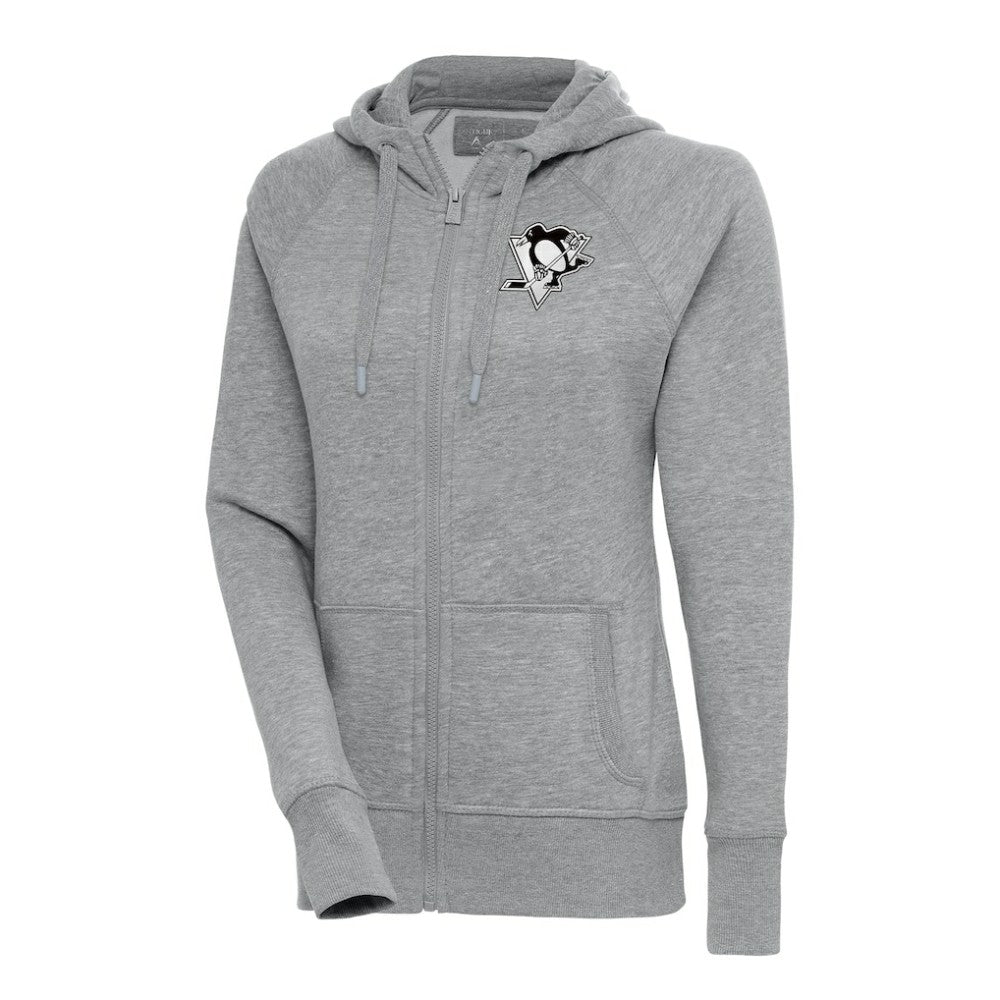 NHL Heather Gray Pittsburgh Penguins Antigua Women's Metallic Logo Victory Full-Zip Hoodie