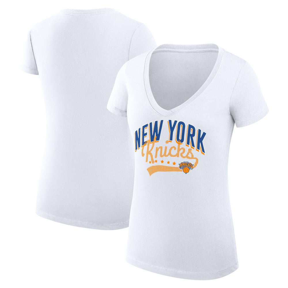 NBA New York Knicks G-III 4Her by Carl Banks Women's Super-Slim Fit Lightweight Filigree Logo V-Neck T-Shirt - White sale