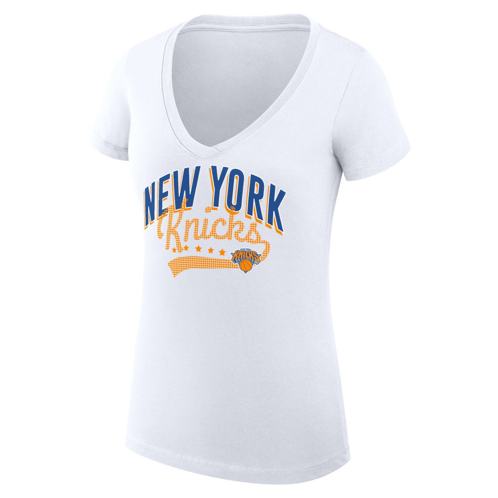 NBA New York Knicks G-III 4Her by Carl Banks Women's Super-Slim Fit Lightweight Filigree Logo V-Neck T-Shirt - White sale