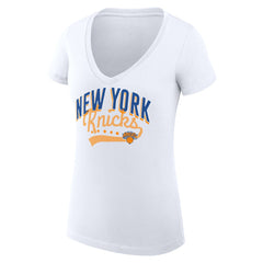 NBA New York Knicks G-III 4Her by Carl Banks Women's Super-Slim Fit Lightweight Filigree Logo V-Neck T-Shirt - White sale