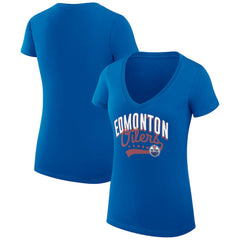 NHL  Edmonton Oilers G-III 4Her by Carl Banks Women's Super-Slim Fit Lightweight Filigree Logo V-Neck T-Shirt – Royal