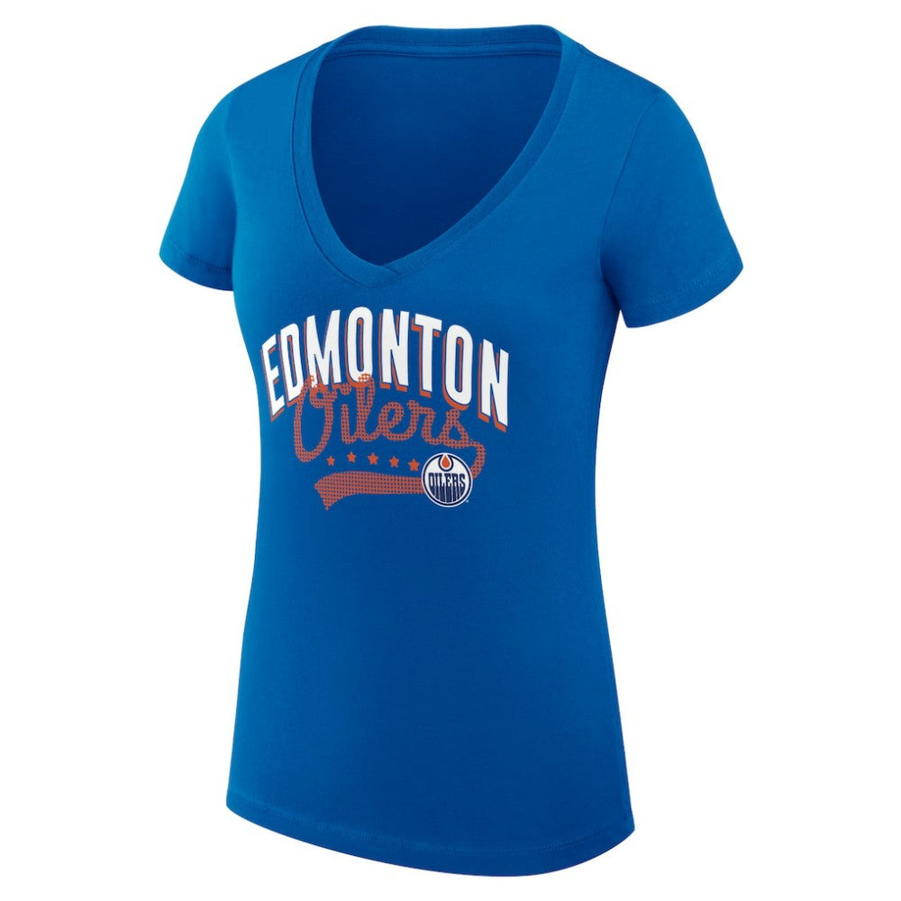 NHL  Edmonton Oilers G-III 4Her by Carl Banks Women's Super-Slim Fit Lightweight Filigree Logo V-Neck T-Shirt – Royal