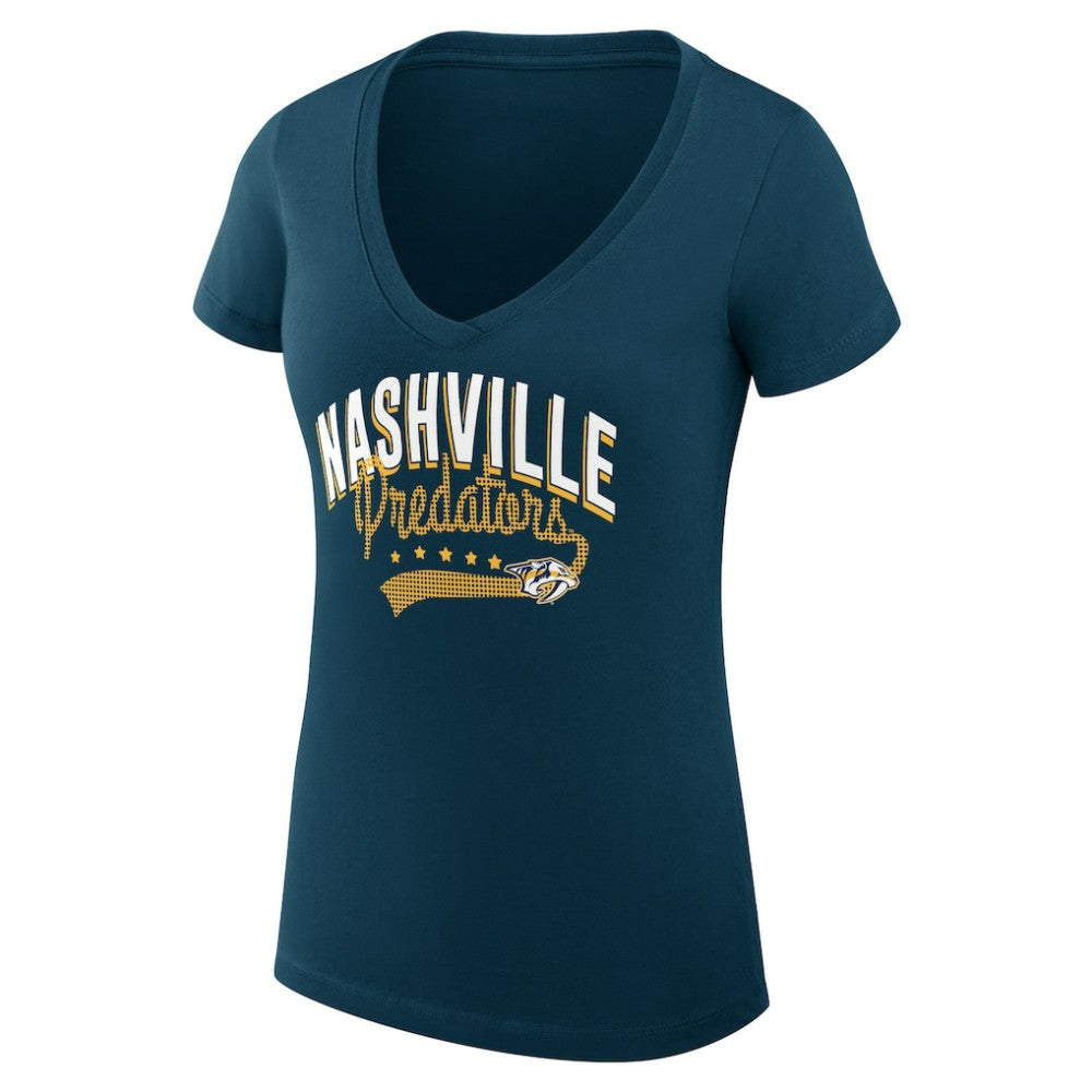 NHL  Nashville Predators G-III 4Her by Carl Banks Women's Super-Slim Fit Lightweight Filigree Logo V-Neck T-Shirt – Navy