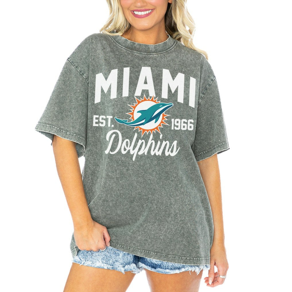 Gameday Couture Women's Tackle Titan Boyfriend Washed T-Shirt - Miami Dolphins