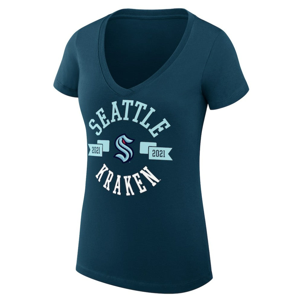 NHL Navy Seattle Kraken G-III 4Her by Carl Banks Women's Super-Slim Fit Lightweight City Graphic V-Neck T-Shirt