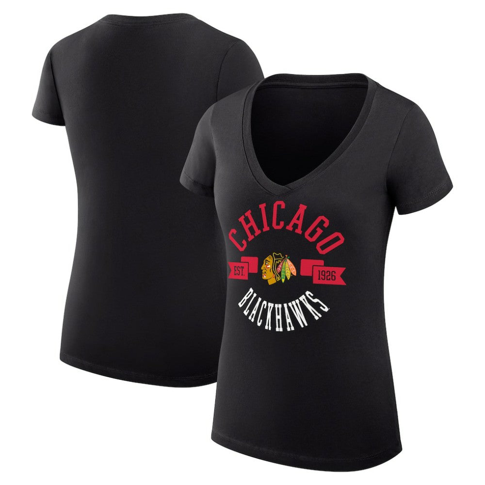 NHL Black Chicago Blackhawks G-III 4Her by Carl Banks Women's Super-Slim Fit Lightweight City Graphic V-Neck T-Shirt