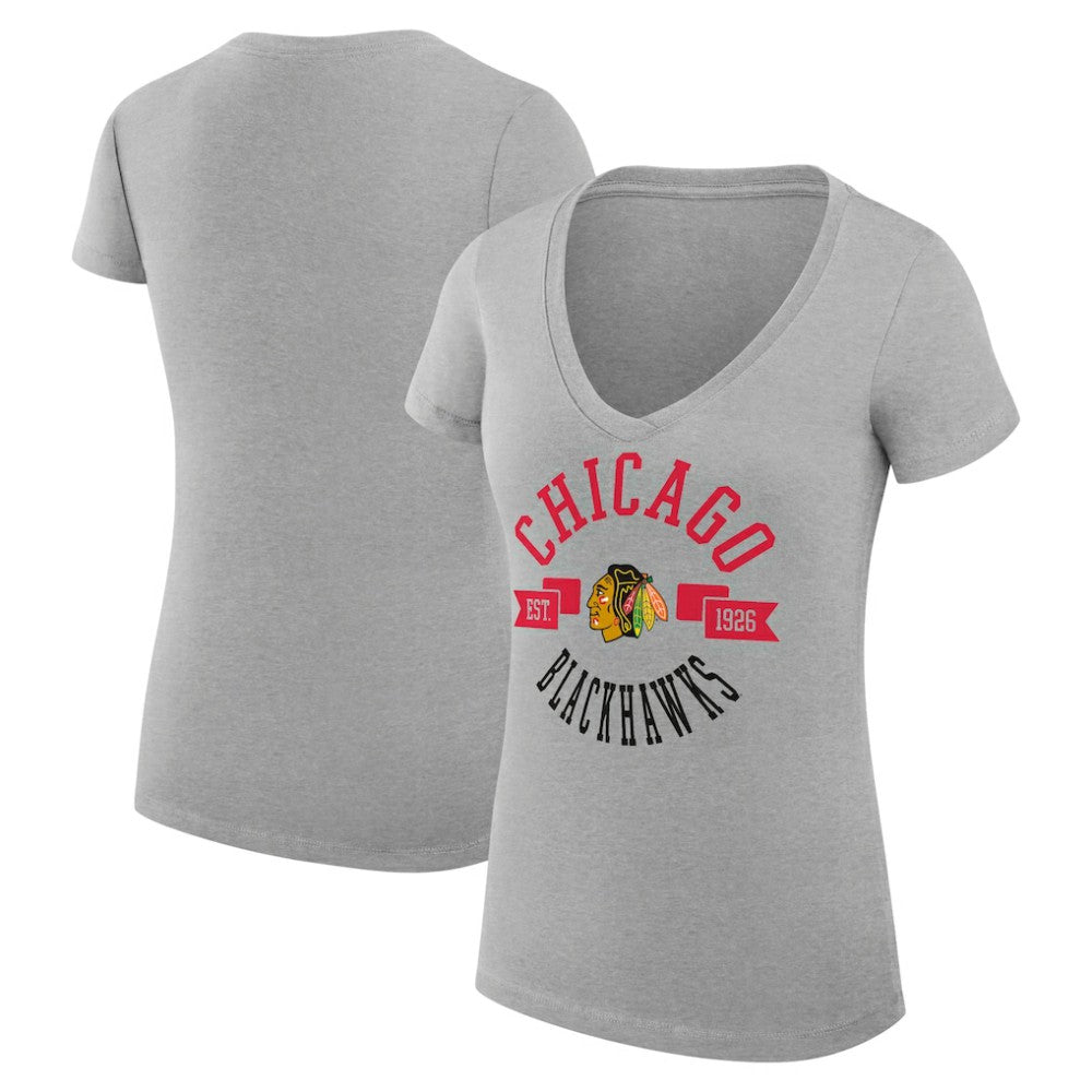 NHL Heather Gray Chicago Blackhawks G-III 4Her by Carl Banks Women's Super-Slim Fit Lightweight City Graphic V-Neck T-Shirt