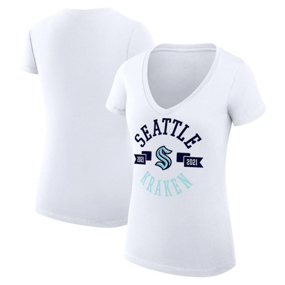 NHL White Seattle Kraken G-III 4Her by Carl Banks Women's Super-Slim Fit Lightweight City Graphic V-Neck T-Shirt
