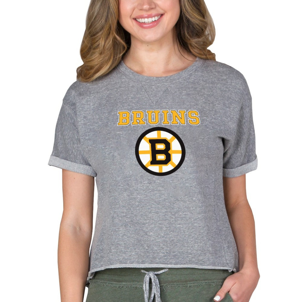NHL Heather Gray Boston Bruins Concepts Sport Women's Tri-Blend Mainstream Terry Short Sleeve Sweatshirt Top