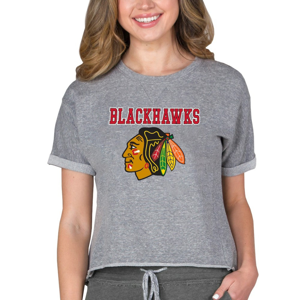 NHL Heather Gray Chicago Blackhawks Concepts Sport Women's Tri-Blend Mainstream Terry Short Sleeve Sweatshirt Top