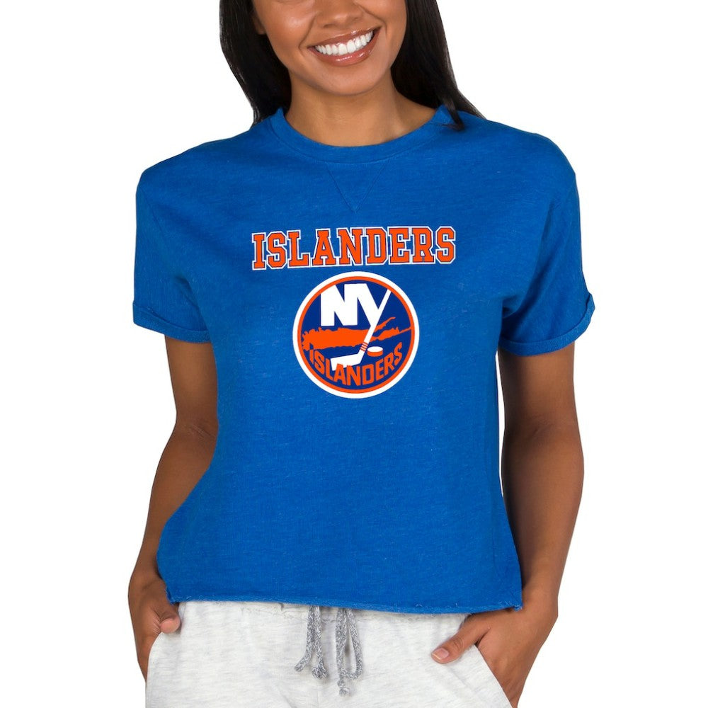 NHL Royal New York Islanders Concepts Sport Women's Tri-Blend Mainstream Terry Short Sleeve Sweatshirt Top