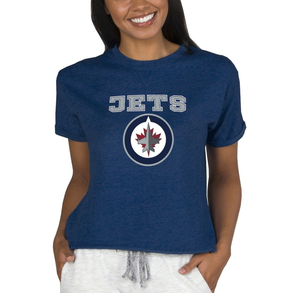 NHL Navy Winnipeg Jets Concepts Sport Women's Tri-Blend Mainstream Terry Short Sleeve Sweatshirt Top