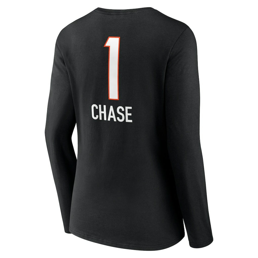 Ja'Marr Chase  Women's Team Wordmark Player Name & Number Long Sleeve V-Neck T-Shirt - Cincinnati Bengals
