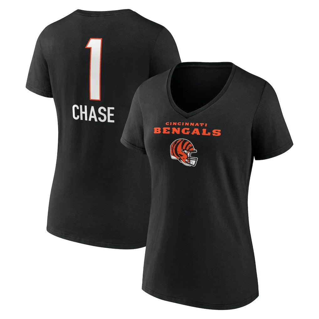 Ja'Marr Chase  Women's Team Wordmark Player Name & Number V-Neck T-Shirt - Cincinnati Bengals